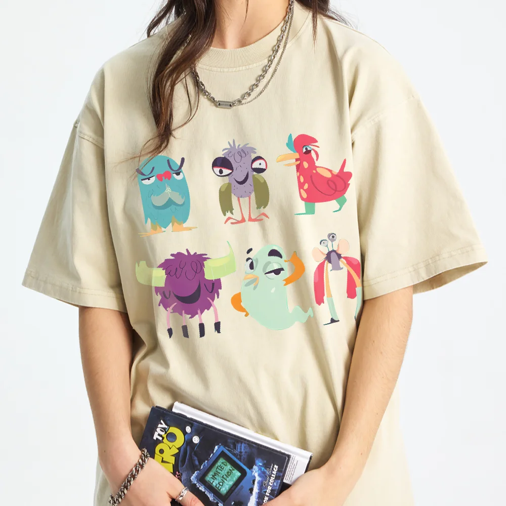 

Летняя милая футболка с рисунком монстра из мультфильма, повседневная футболка с круглым вырезом, модная свободная футболка с короткими рукавами для женщин, модный бежевый топ