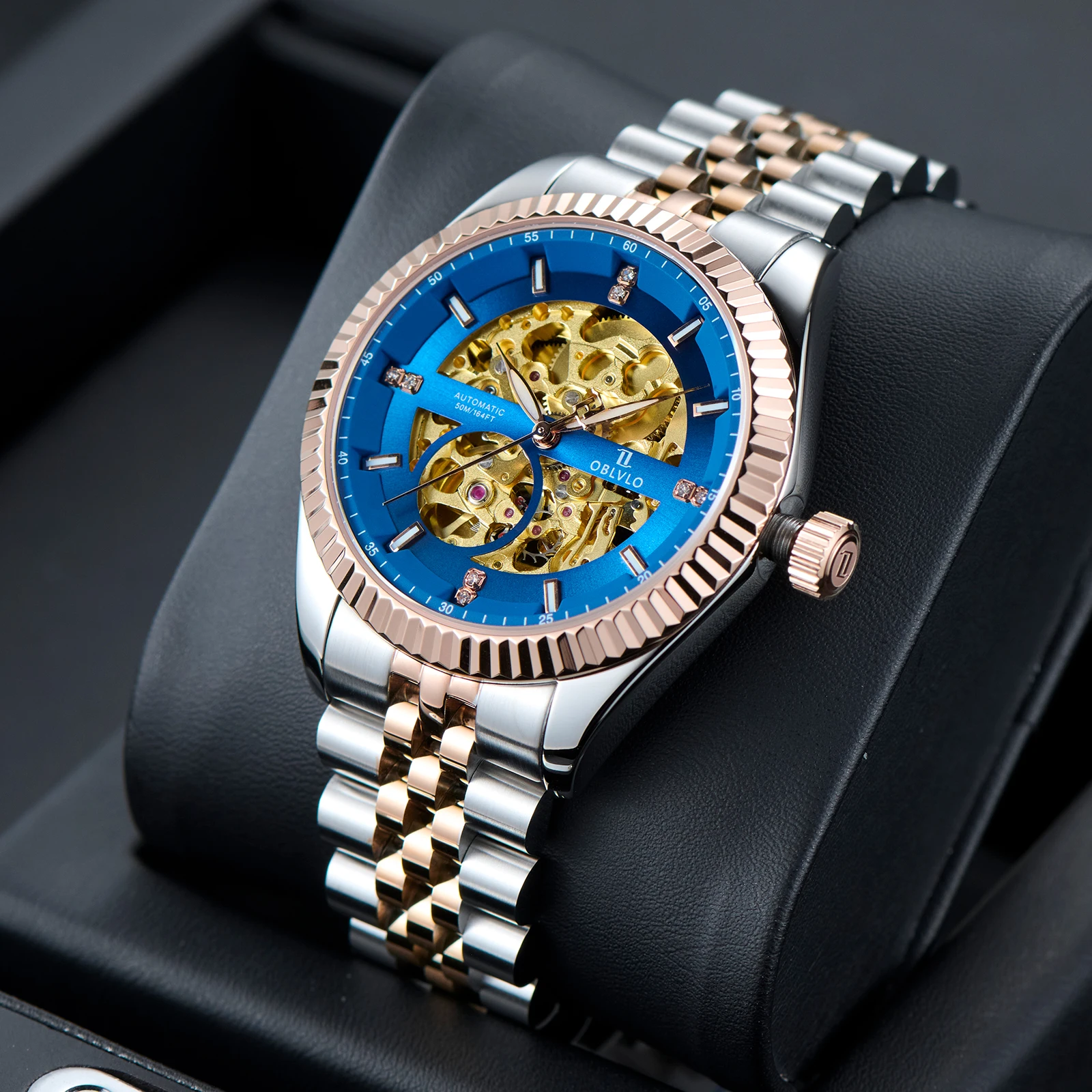 OBLVLO Men's Skeleton Watch Fashion Two Tone Miyota Movement Mechanical Waterproof Synthetic Sapphire Automatic Bracelet Clock