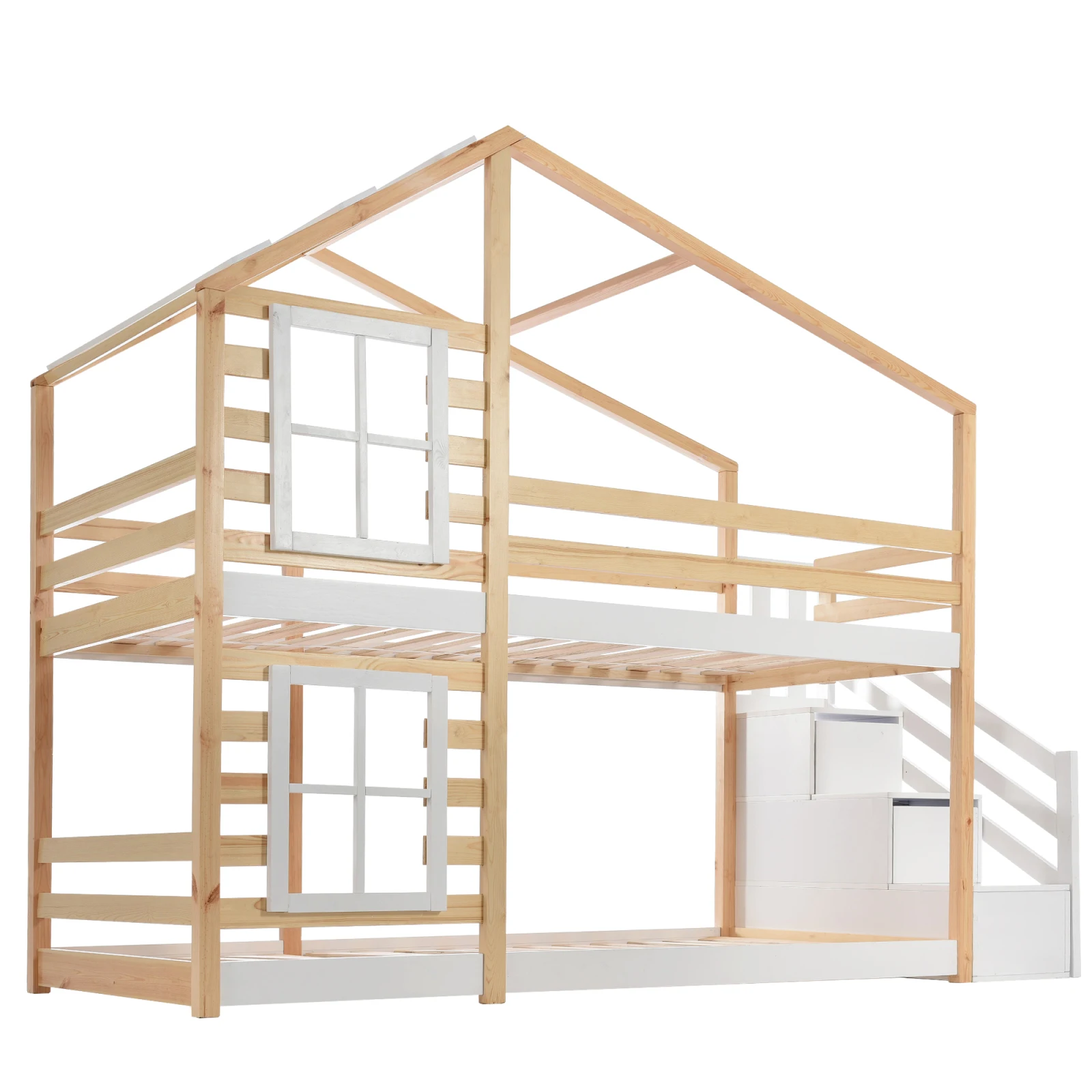 Comanlai Kinder-Etagenbett 90 x 200 cm, Hausbett mit Holzlattenrost, Holzbett mit Schublade und Fenster, für 2 Kinder, ohne Matratze