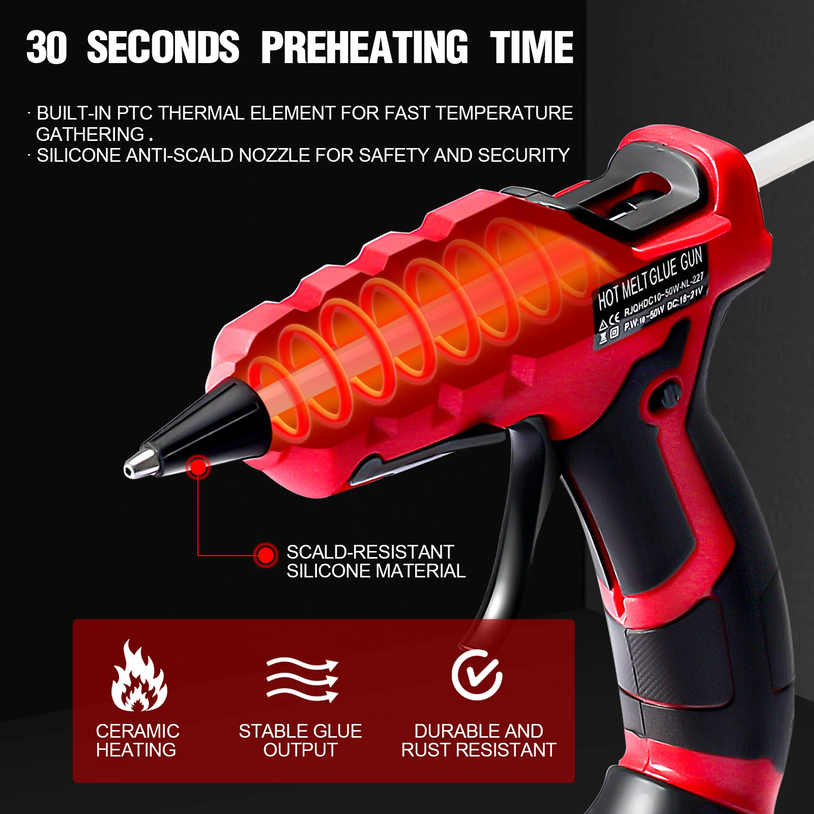 50W Cordless Hot Glue Gun Handheld Electric Glue Gun DIY Repair Tool with 30pcs 7mm Glue Sticks for Milwaukee 18V Battery Pin