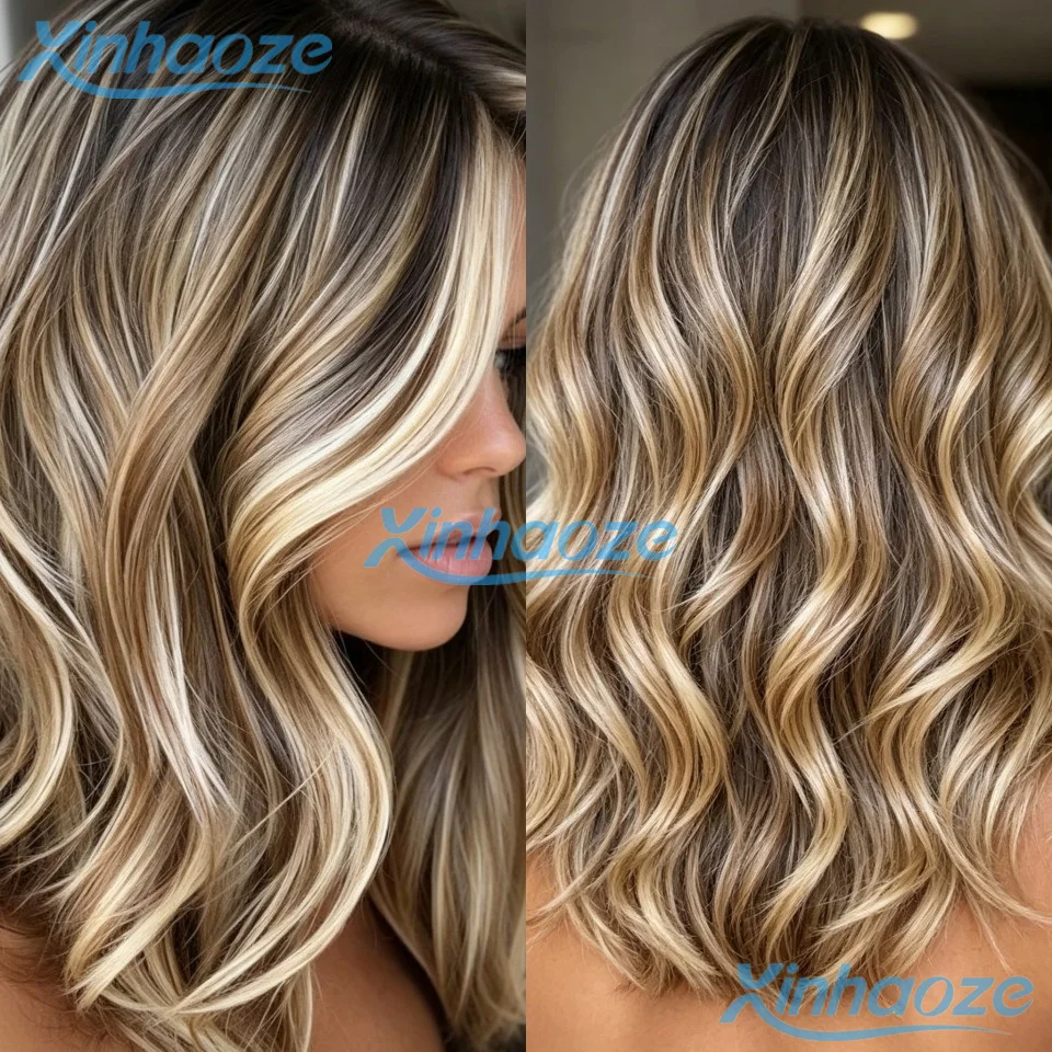 

Glueless Platinum Blonde Highlight Body Wavy 200% Density 13x4 Lace Front Wig #613 Brown Blonde Pre Plucked With Combs and Strap