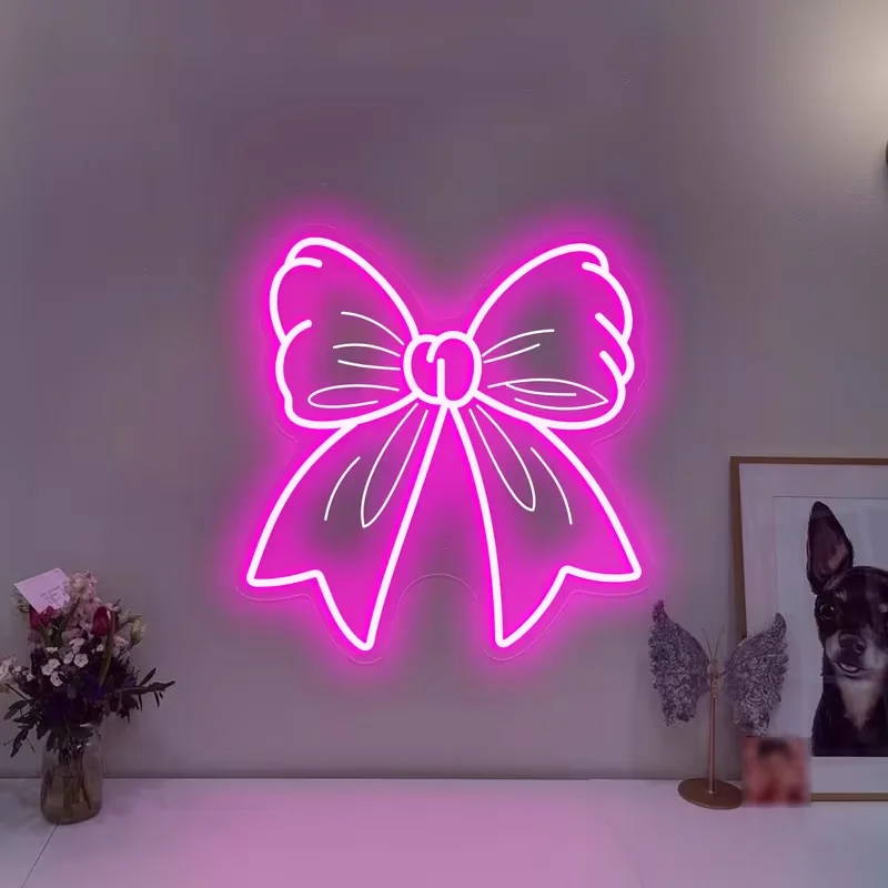 Pink Bow Neon Sign, USB Powered Plastic Wall Hanging LED Light, Push Button Control, Multipurpose Decor with for Home, Shop