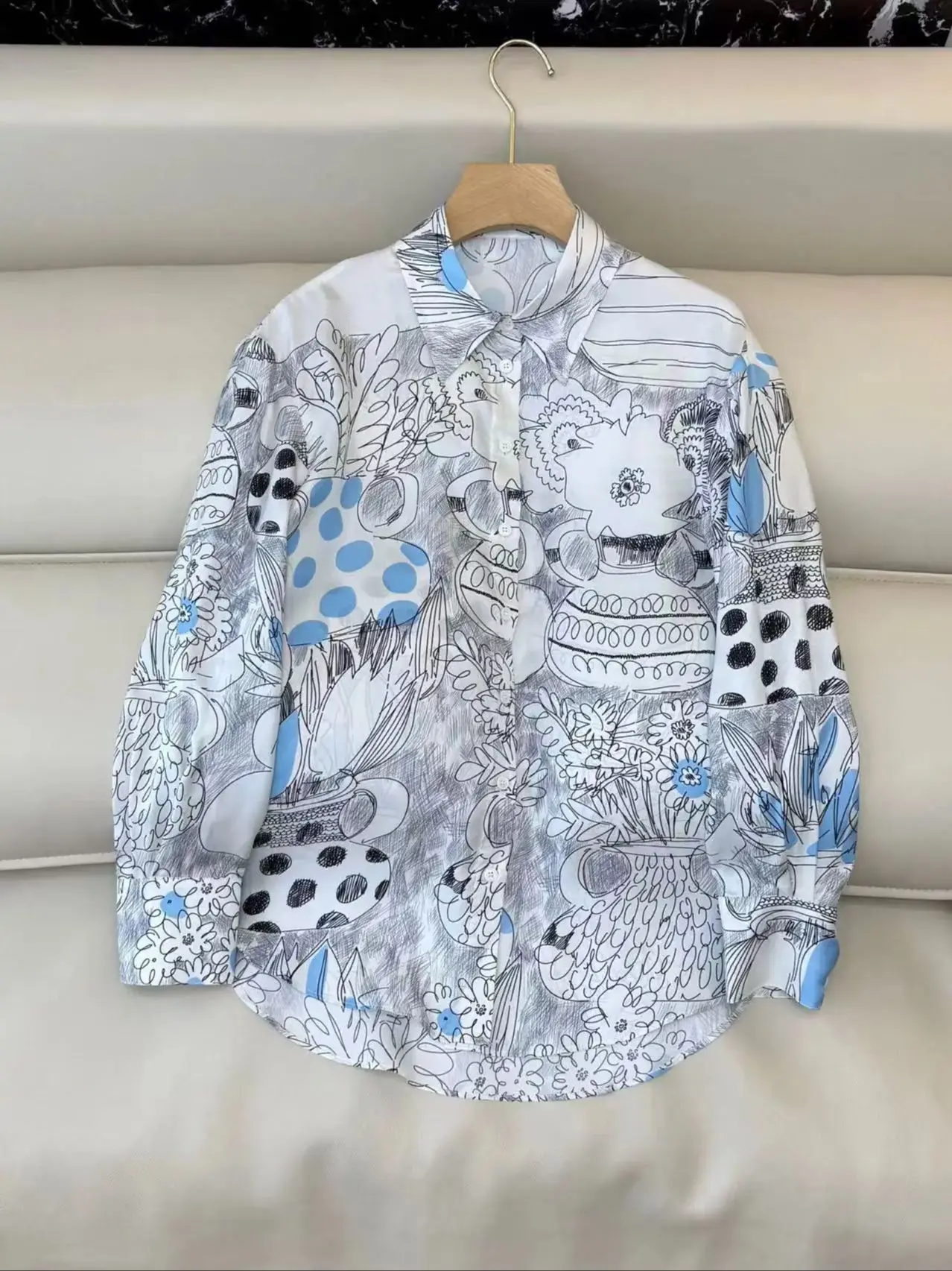 

Spring summer freehand print twill silk long sleeve shirt