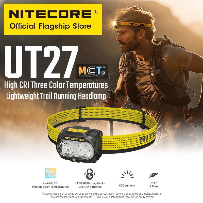NITECORE UT27 LED Trail Running Headlamp 800 Lumens 3 Temperotures Headlight Warm Neutral White Light, HLB1500 Li-ion Battery