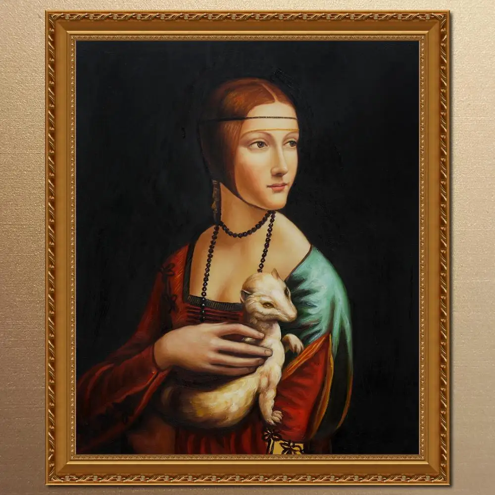 

Hand Painted Canvas Art Lady with an Ermine Reproduction of Leonardo Da Vinci Painting Portrait Lady Famous Artwork Home Decor