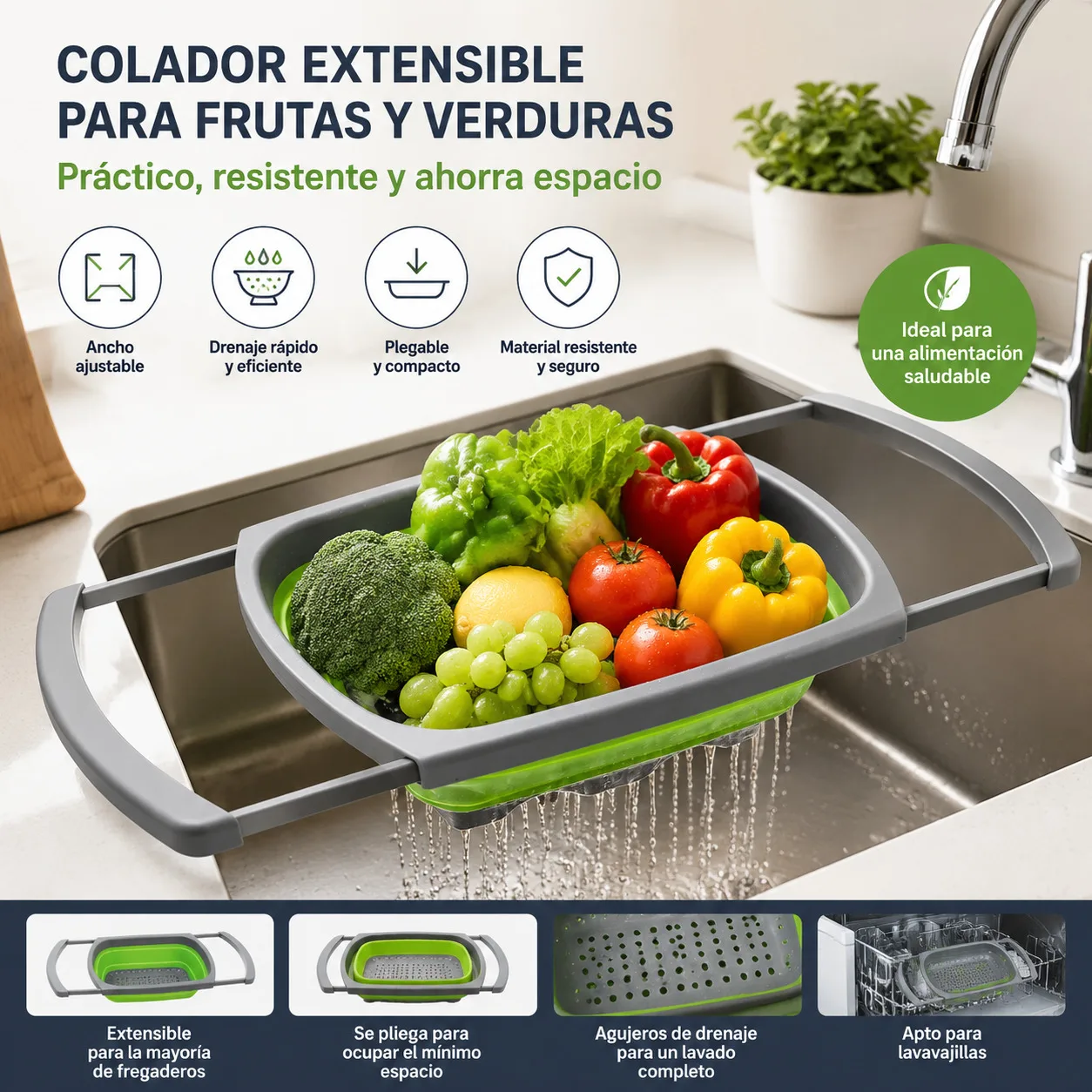Égouttoir d'évier pliable et extensible, en silicone sans BPA, poignées réglables, s'adapte à tous les éviers, trous de vidange rapides pour fruits, légumes, pâtes, compatible lave-vaisselle, compact lorsqu'il est rangé, léger, durable, pratique, pour la cuisine, pour laver et égoutter les aliments.
