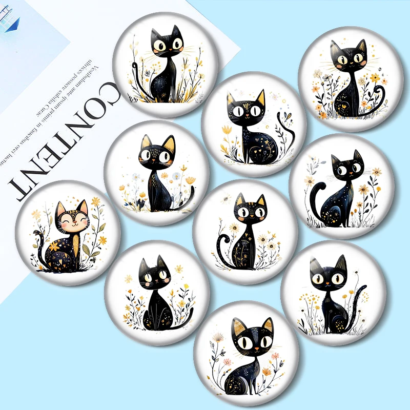 

Cute Retro Modern Black Cat 10pcs 12mm/18mm/20mm/25mm Round photo glass cabochon demo flat back Making findings