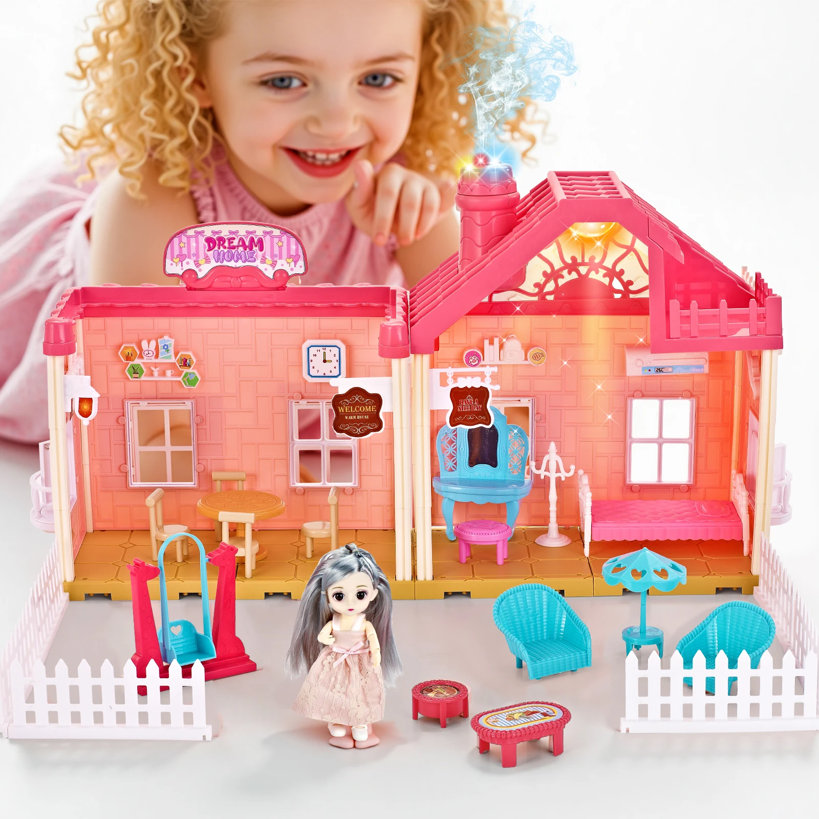 

DIY toy doll house, exquisite villa playhouse, 1 floor 2 rooms, assembled building toys, some accessories and doll clothes are r