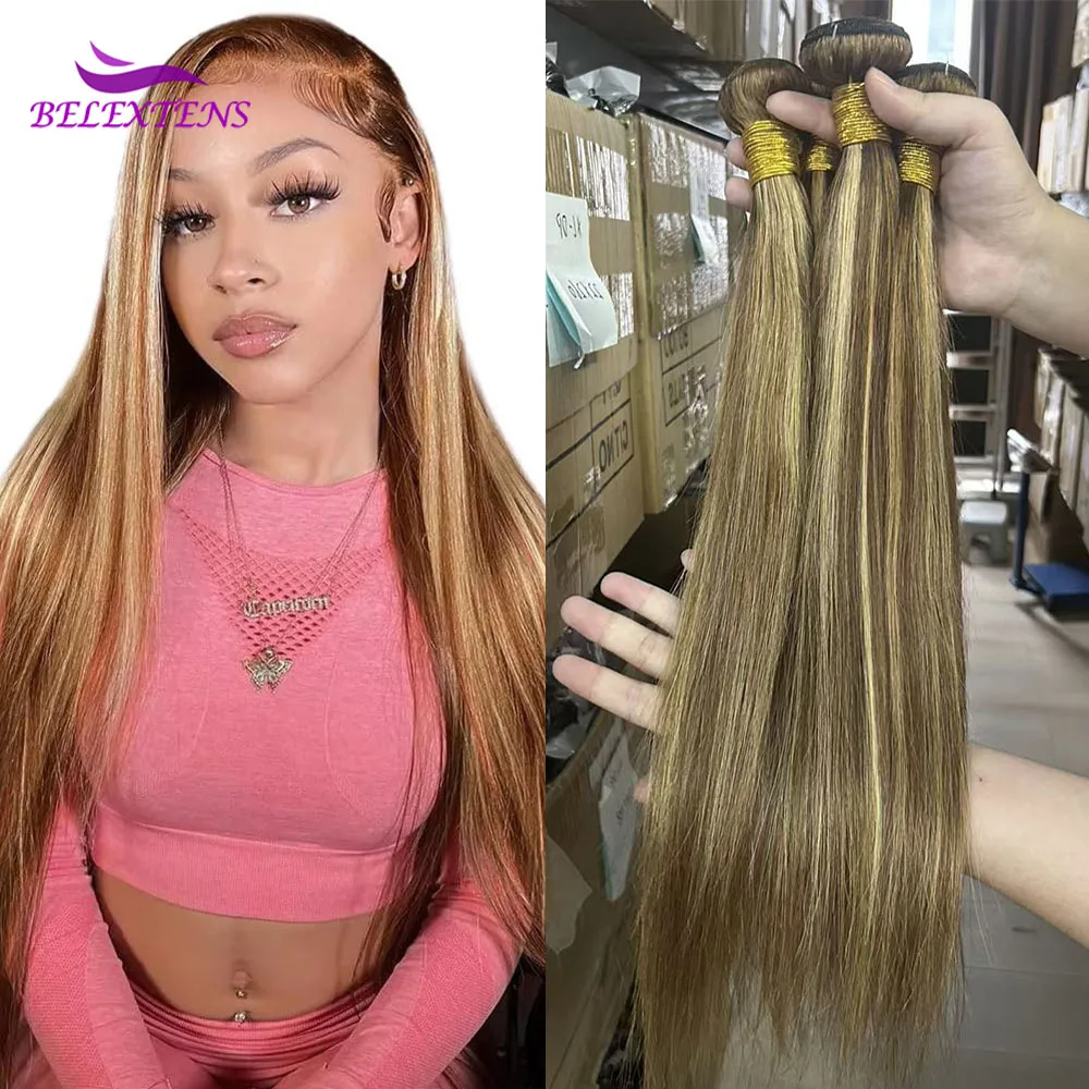 Highlight Straight Bundles 12-26 Zoll P4/27 Echthaar-Bündel 1/3/4 Stück Ombre Brasilianisches Haar Honigblonde Weave-Bündel-Extensions