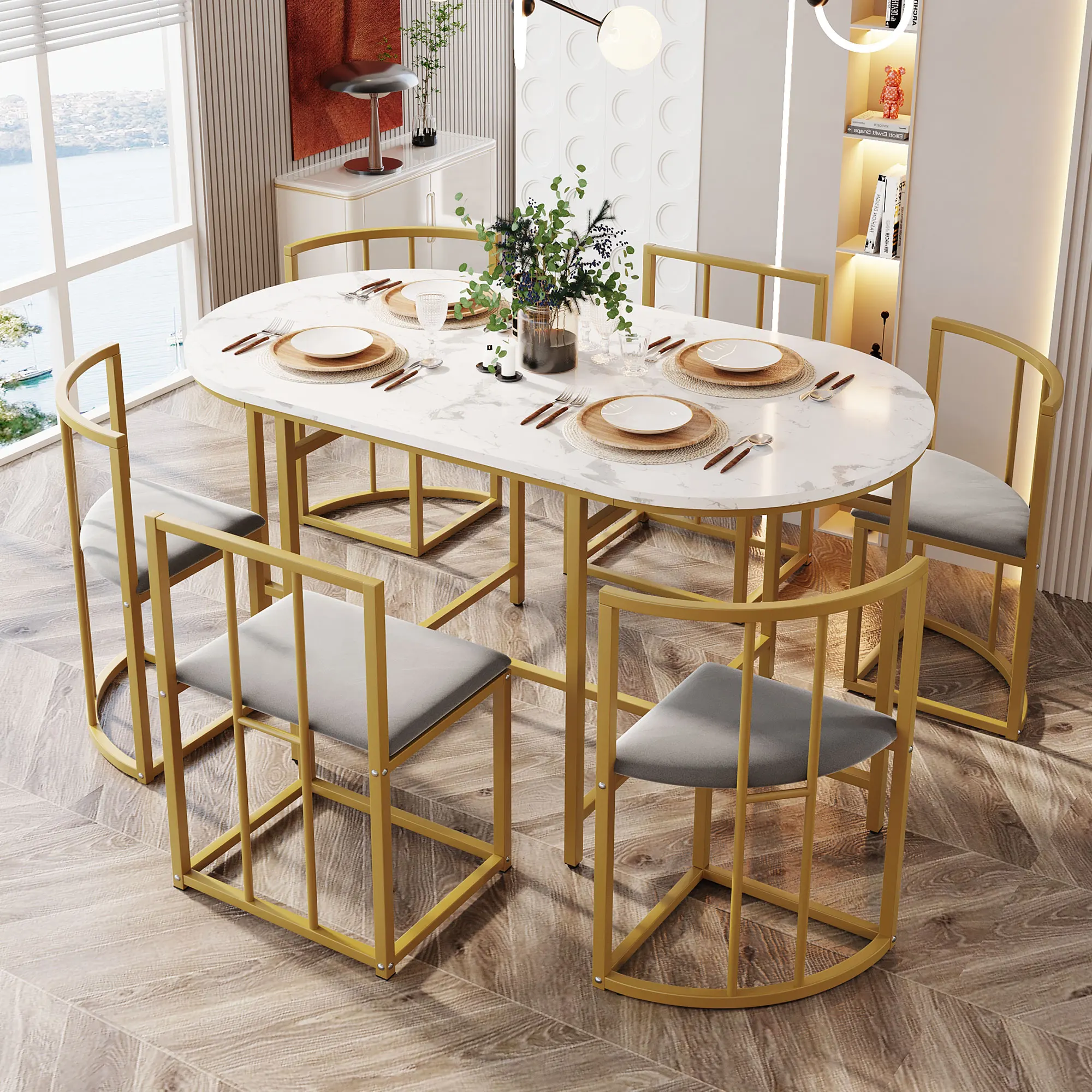Rosahqnda eettafelset met zes stoelen, eettafel en stoelenset, moderne eettafelcombinatie