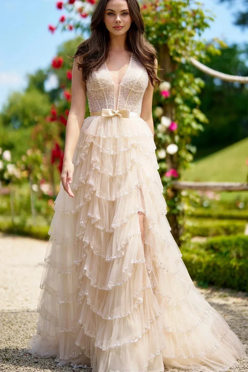 Jessica glitter lantejoulas vestidos de noite feitos à mão tule multi-camada vestidos de baile em forma de a vestidos de festa de casamento personalizados