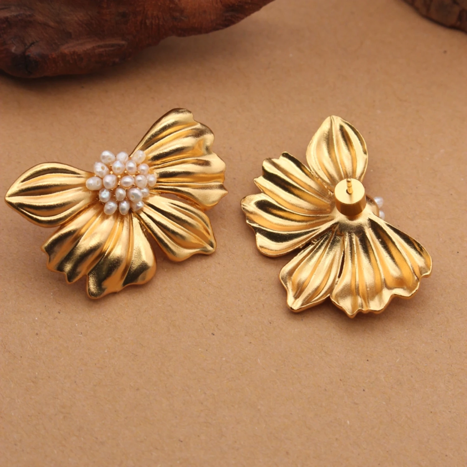YAJUNIEL Elegant 24K Real Gold Plated Flower Stud Earrings with Natural Freshwater Pearls for Women Hypoallergenic Jewelry