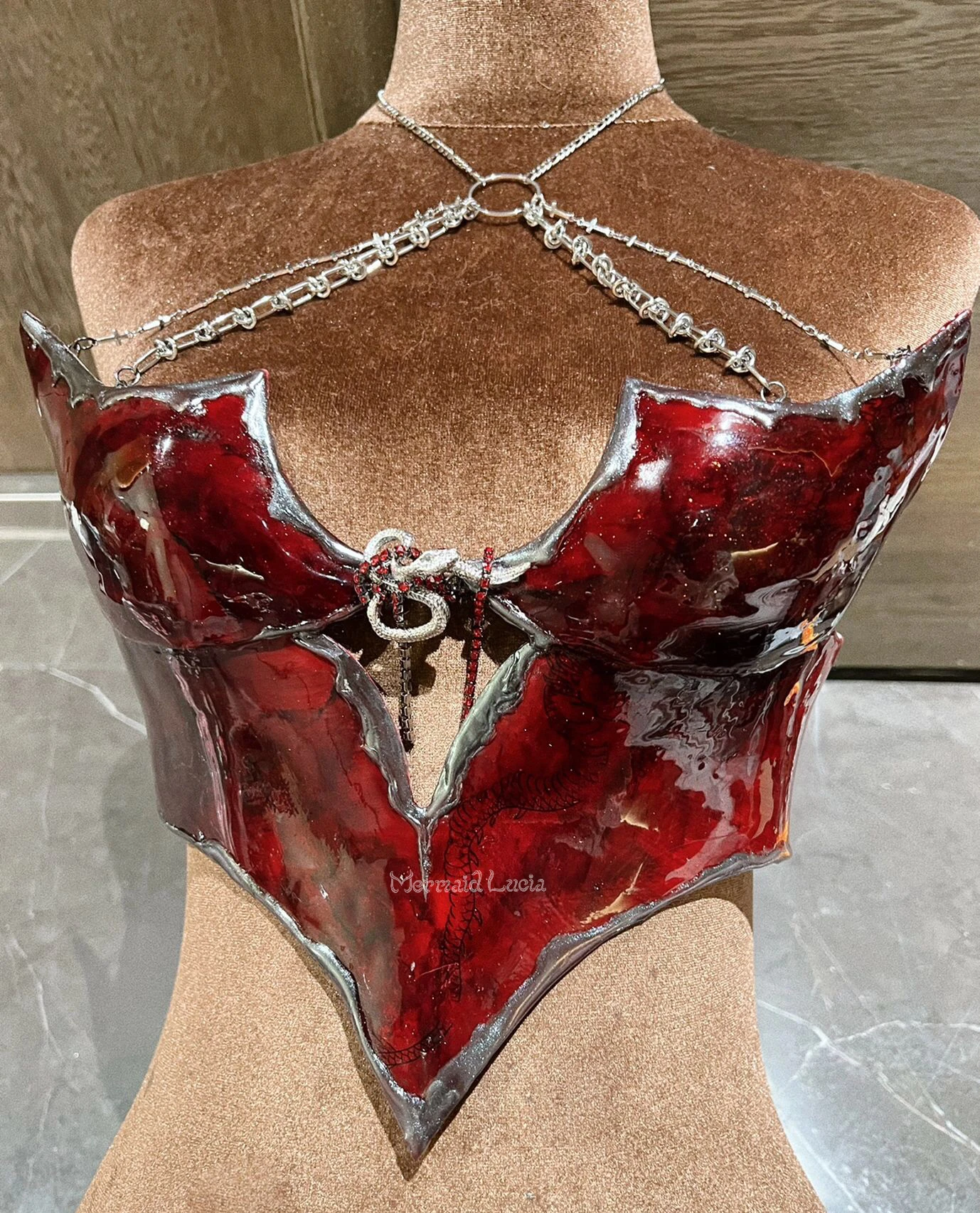 Blood Red Armour Resin Mermaid Corset Bra Top Cosplay Costume Patent-Protected