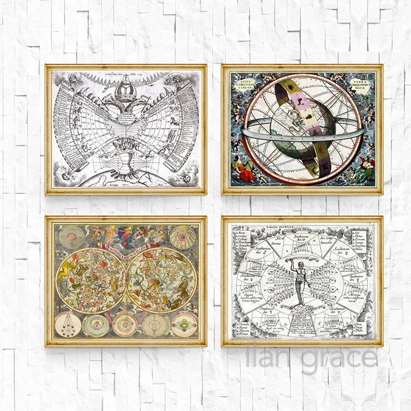 Vintage Astrological Star Chart Poster Zodiac Signs Medieval Renaissance Maps Art Print Astronomy Wall Pictures Canvas Painting