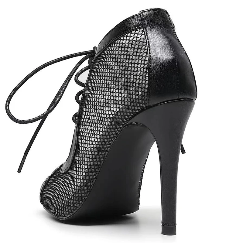 Woman Mesh Latin Ballroom Ankle Dance Botties Girls Lace Up Black Stiletto Bootie Women High Heels Dance  8.5cm 10cm 11cm