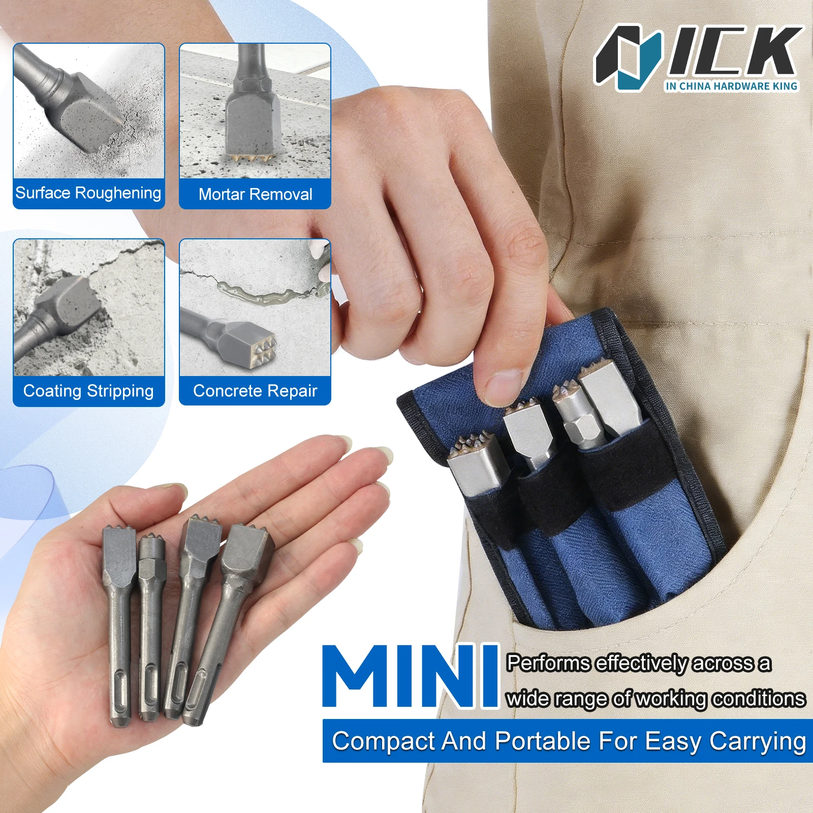 ACFAN Mini SDS-PLUS bushing Bit Set (4-Piece 3/4/6/9 Teeth) Portable Pouch for Concrete Scarifying & Mortar Removal