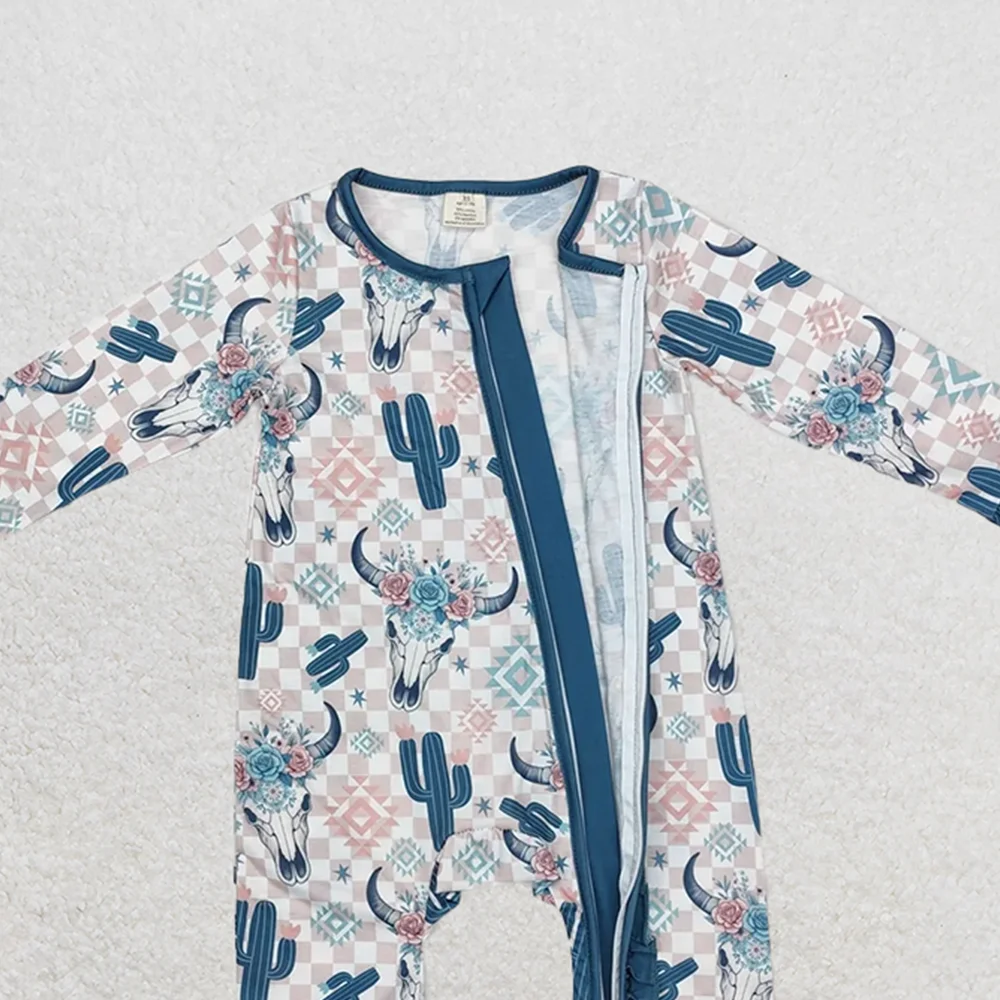 LR1446 Romper Musim Dingin Bayi Perempuan Romper Ritsleting Bambu Barat Aztec Kaktus Sapi Anak Perempuan Bayi