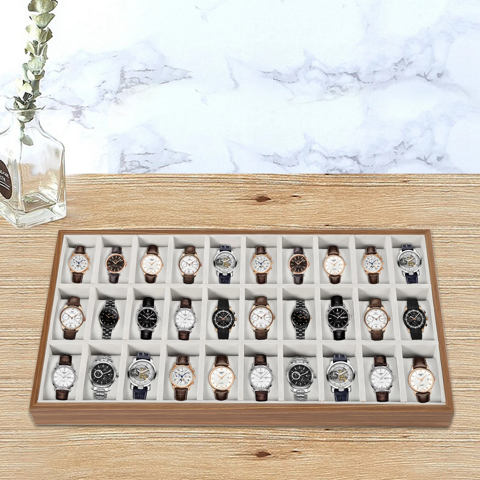 30-слотовый деревянный ящик для часов-органайзер со съемными фланелевыми подушками для ювелирных изделий и браслетов, стеклянная верхняя витрина для хранения