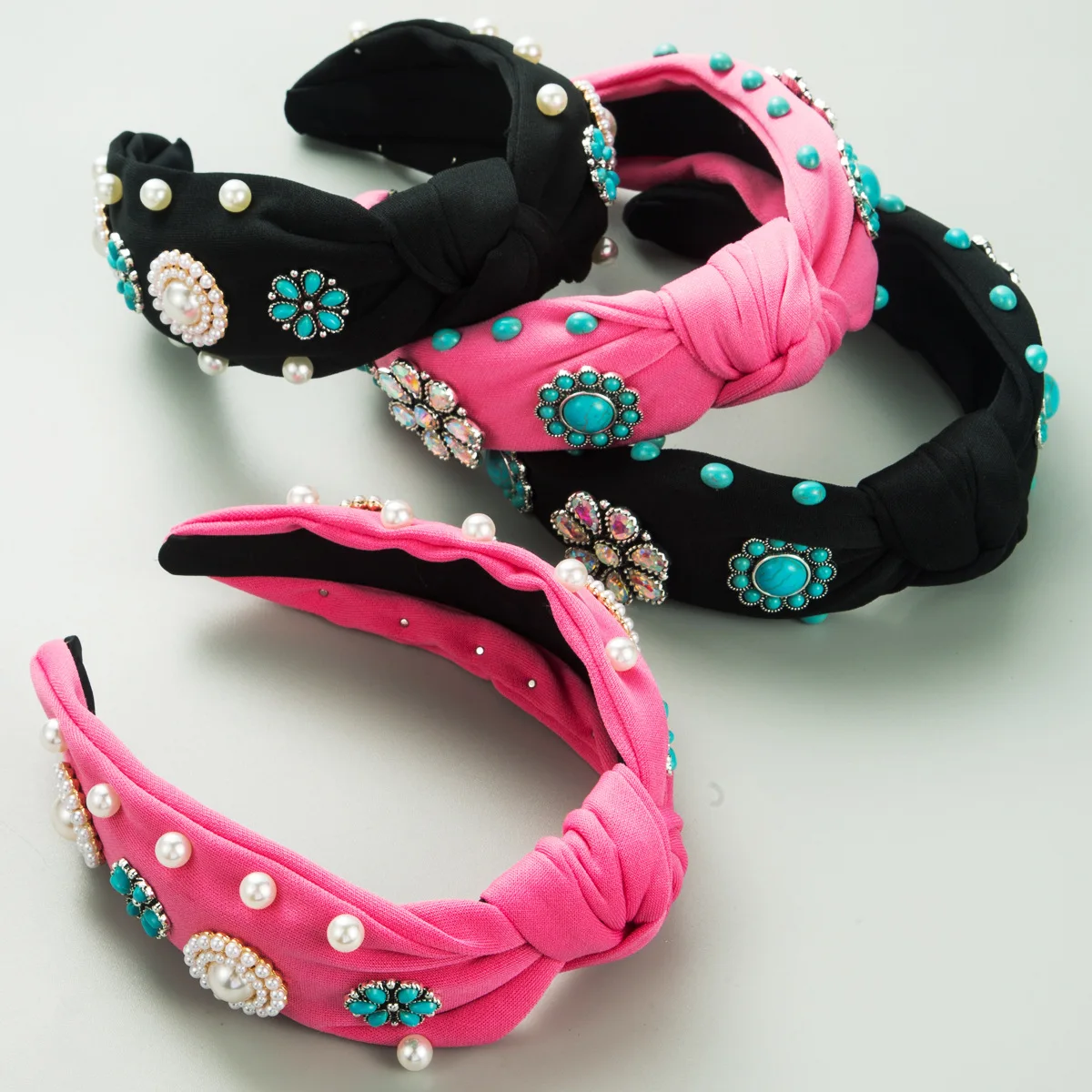 

Nashville Outfits Accessories Western Style Handmade Top Knot Headband with Turquoise Decor Embellished Conch Stone Headband