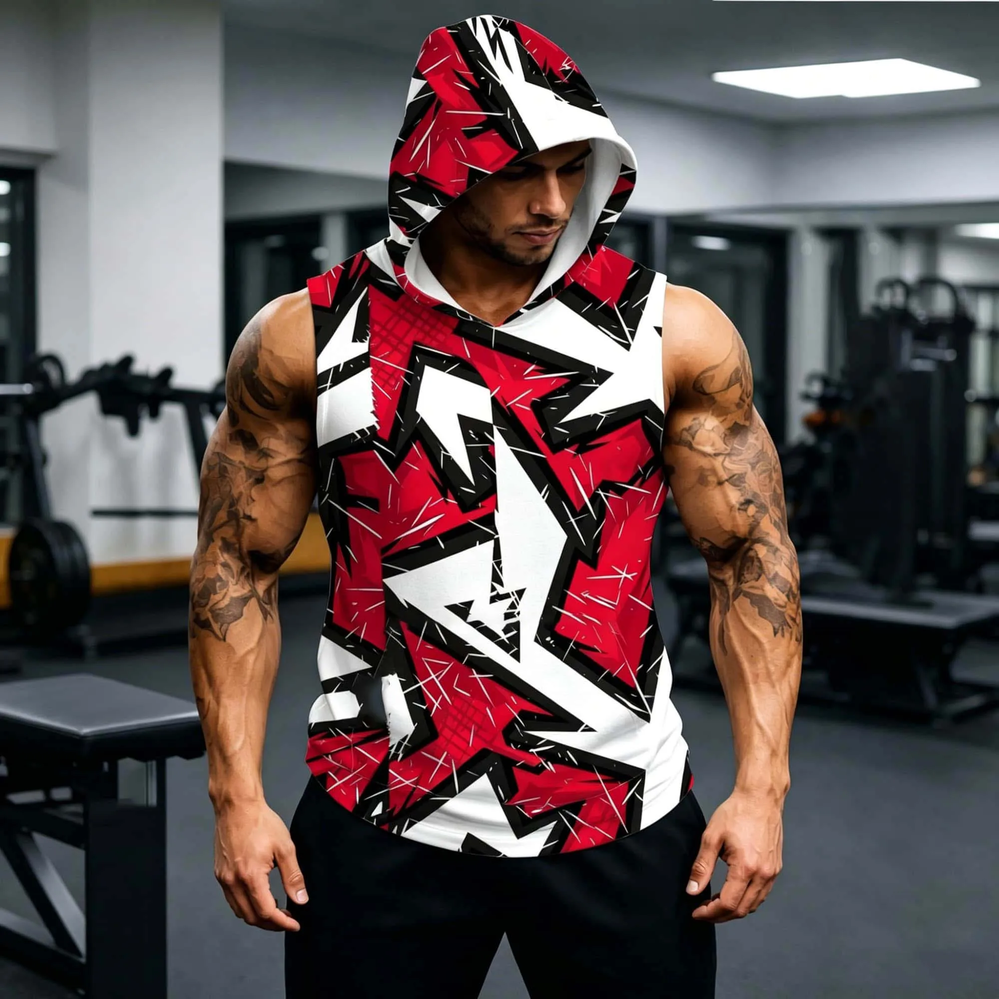 Herren Rot-Weiß-Schwarz Graffiti Ärmelloses Kapuzen-Tanktop Abstrakt Scharfes Geometrisches Vollprint Feuchtigkeitsableitendes Muskel-Workout-Unterhemd