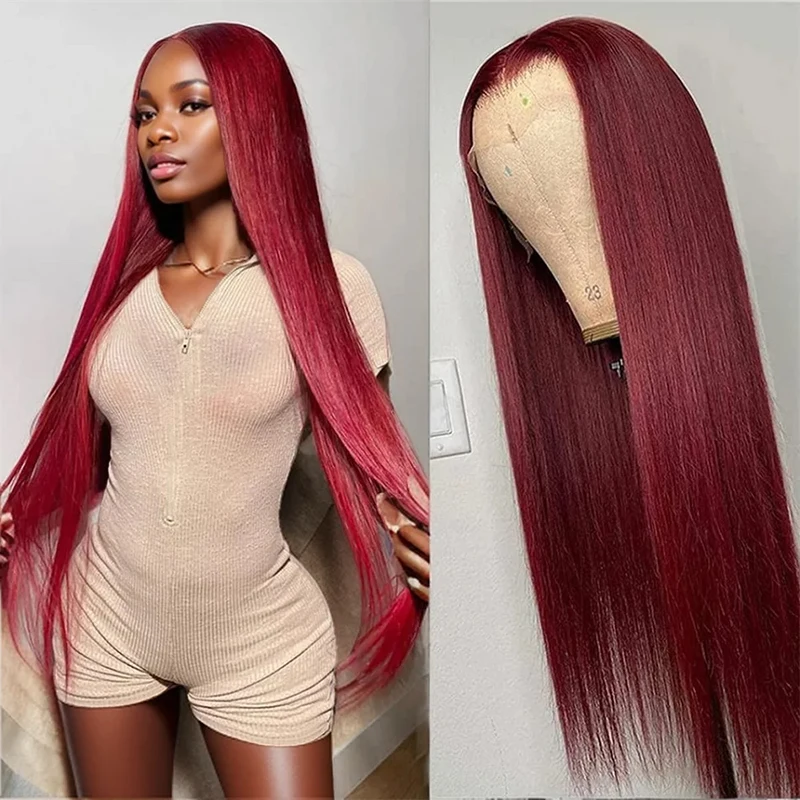 

100% Brazilian 13x4 Lace Front Wig 30 40 Inch 99J Burgundy Red Color Bone Straight Lace Frontal Wig 13x6 Human Hair For Women