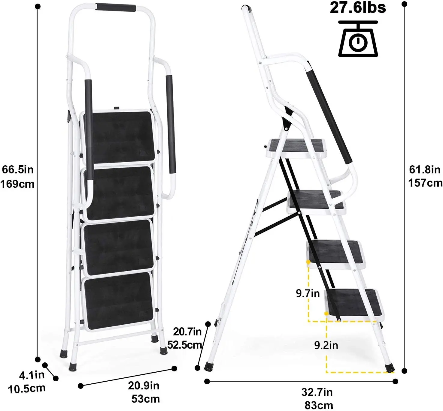 Échelle à 4 marches avec mains courantes, capacité de 500 lb, escabeau pliable, échelles portables pour la maison, la cuisine, cadre en acier