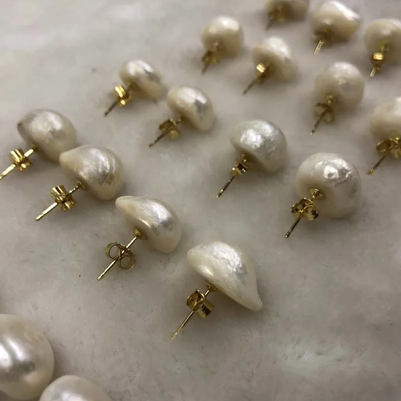 

ELEISPL JEWELR For 10 Pairs Big Natural Unique Baroque Pearls Studs Earring Golden Post