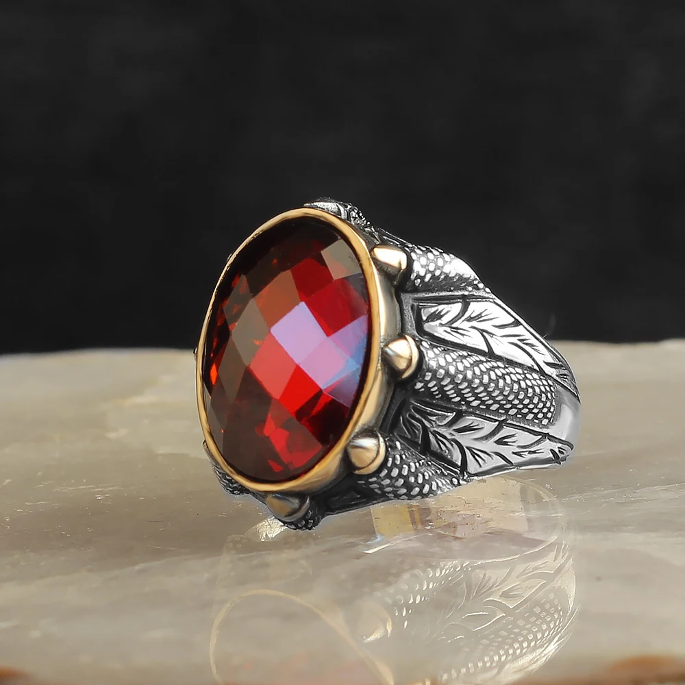 

Solid 925 sterling silver ring Red Zircon stone falcon nail design for men gift of jewelry high quality shiny stone