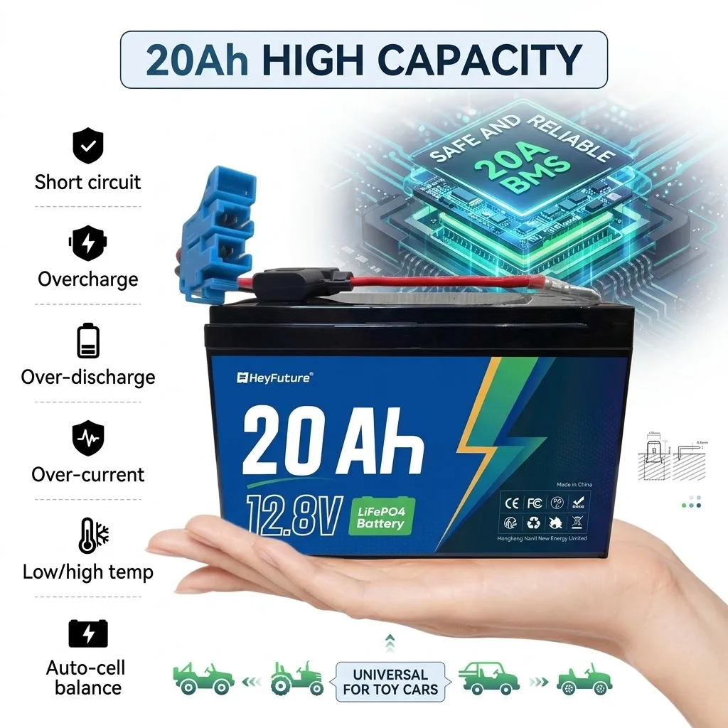 12V 20Ah LiFePO4 Battery 20A BMS Black Connector for Power Wheels Ride On Car Upgrade Kit, Deep Cycle Rechargeable Lithium Battery for Kids Electric Toy Truck Tractor, Fish Finder Deer Feeder UPS Backup Solar, 12 Volt 20Ah Battery Pack