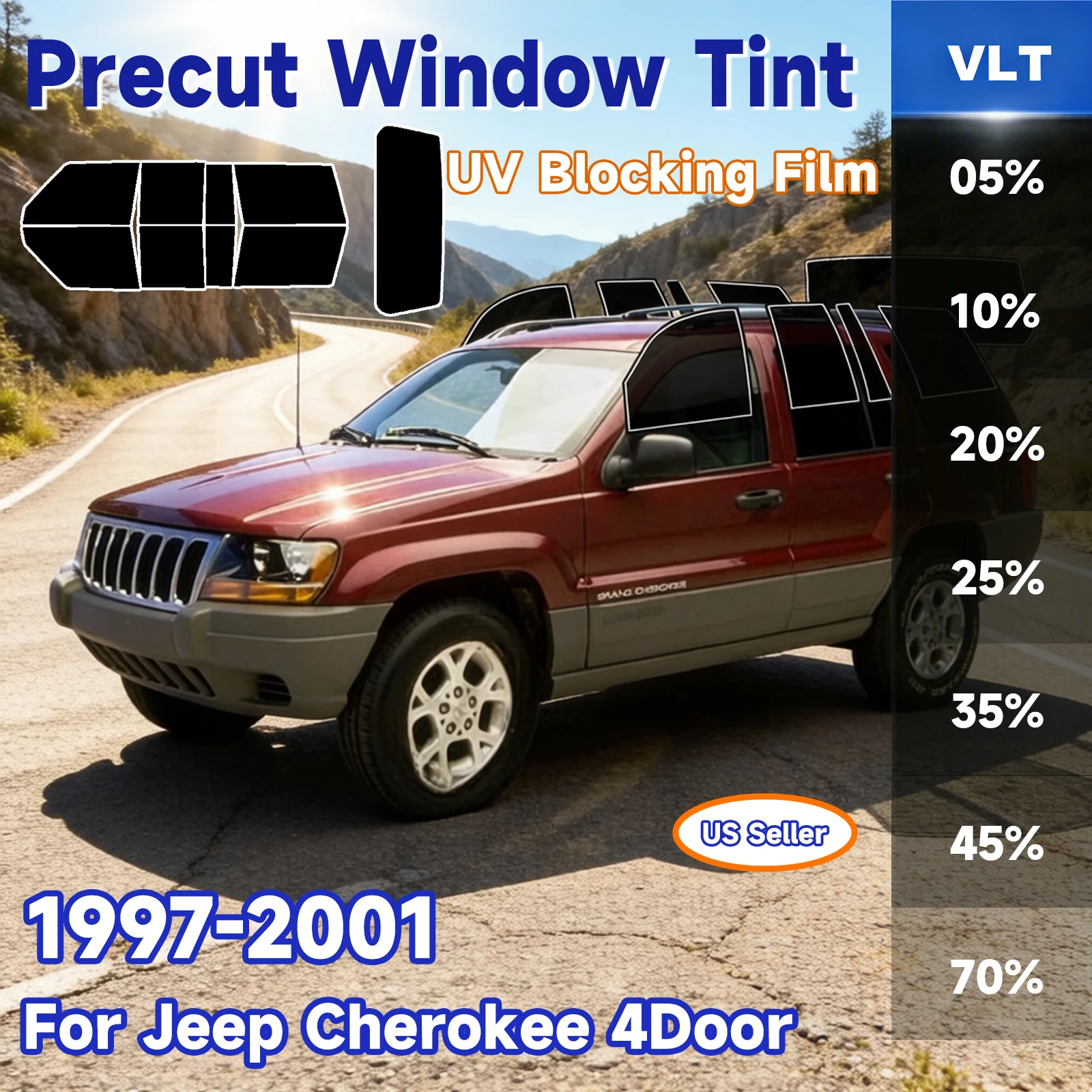

Пленка для тонировки окон, предварительно вырезанная для Jeep Cherokee 4-дверный 1997-2001, автоаксессуары, защита от солнца и жары, 2 слоя, антиосколочная, УФ-блокировка, защита конфиденциальности