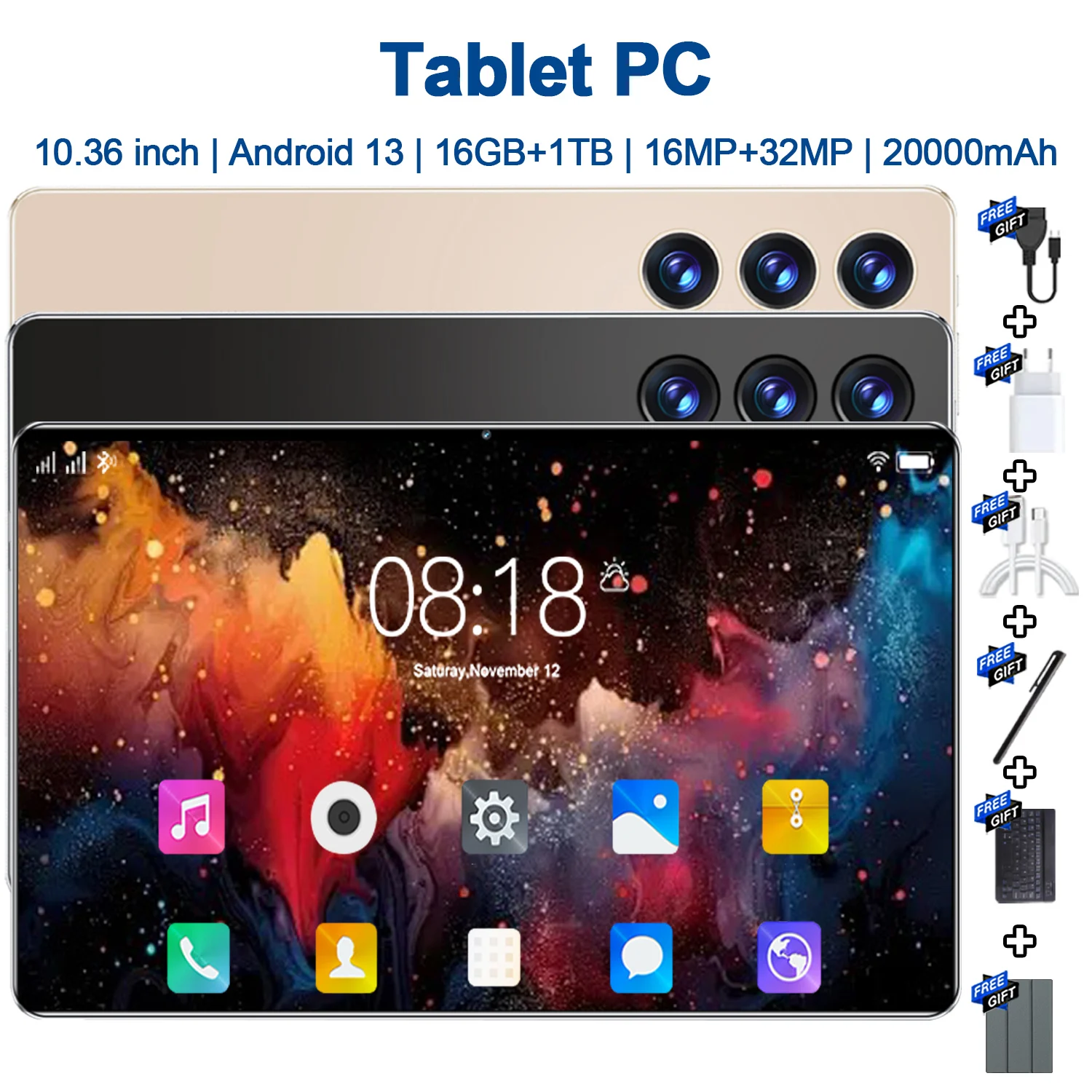 Tablette PC 10,36 pouces Android 13 5G, processeur 14 cœurs, 20000 mAh, 16 Go de RAM + 1 To de ROM, double caméra, double SIM, Google Play, Bluetooth, Wifi