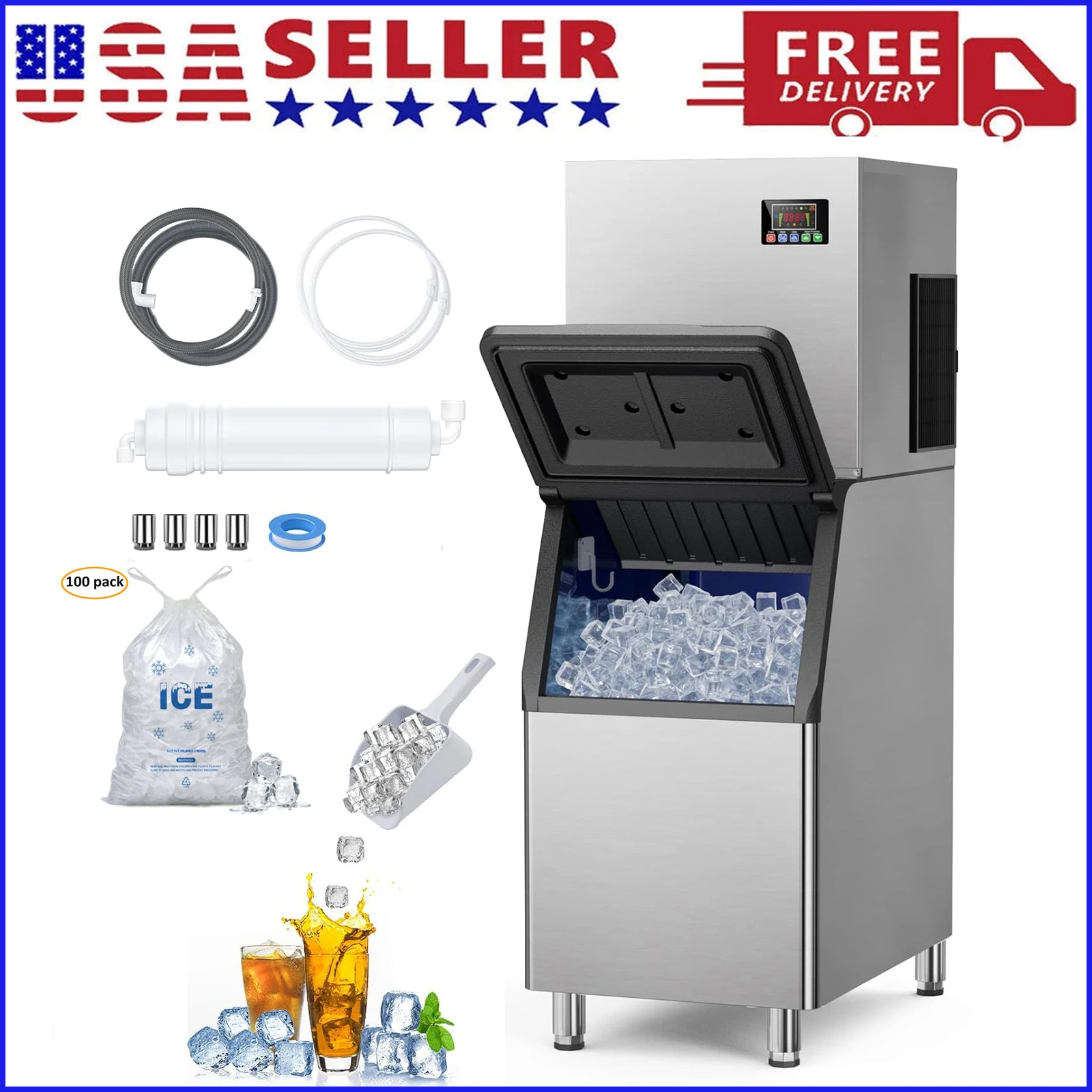550lbs/24H Gewerbliche Eiswürfelmaschine 360lbs Speicherbehälter Edelstahl Selbstreinigend Einstellbare Eisdicke Bars Eiswürfelbereiter