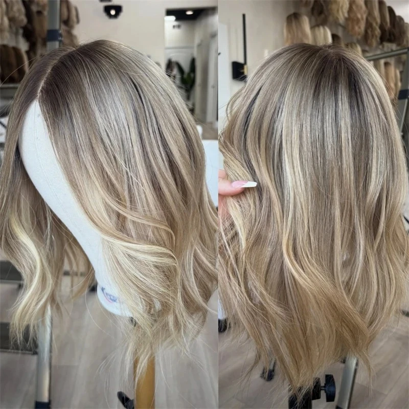 

13x4 Lace Front Bob Wavy Wigs Pre Plucked Transparent Lace Human Hair Highlight Ash Blonde #613 Made 180% Density Short Bob Wigs