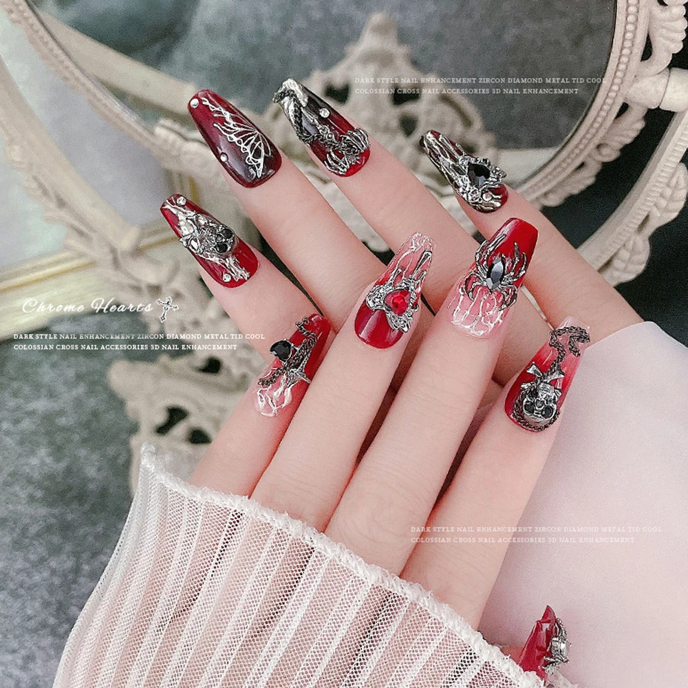 10 Stück Spinne Halloween Nail Art Charms 3D-Metalllegierung Vintage Punk Cross Herz Nagel Strass Schmuck DIY Maniküre Zubehör