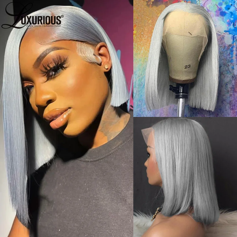 

Silver Grey Silky Straight Bob Wigs HD Transparent Lace Frontal Wig Short Pre Plucked Brazilian Human Hair Wigs For Black Women