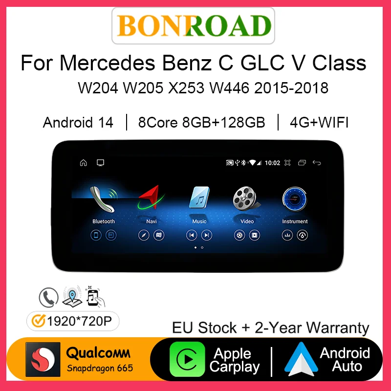 Bonroad Qualcomm 665 Wireless CarPlay Android Auto Multimedia Car Radio For Mercedes Benz C GLC V Class W205 X253 W446 2015-2018