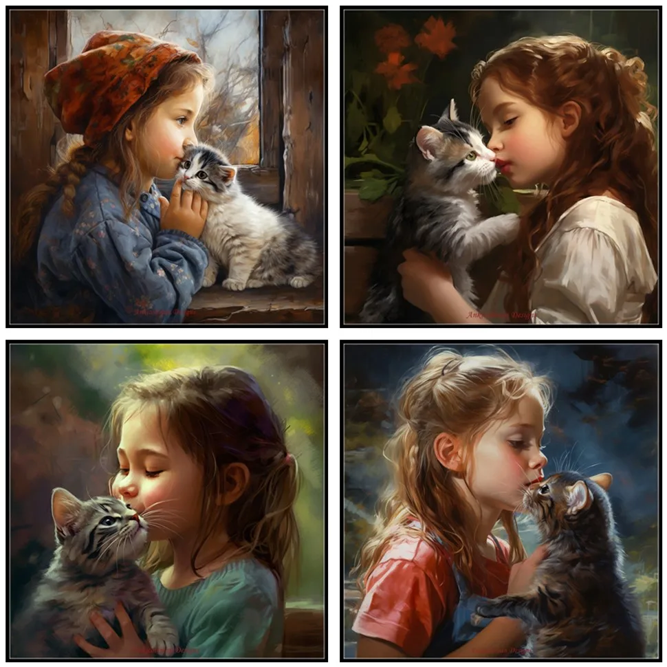 Embroidery Counted Cross Stitch Kits Needlework - Crafts 14 ct DMC DIY Arts Handmade Decor - Little Girl Kissing a Kitten