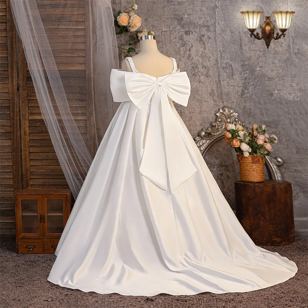 Girls Sling Bow Trailing Skirt Ball Gown Princess Dresses Party Wedding Emcee Performances Piano Shows Runway Gowns