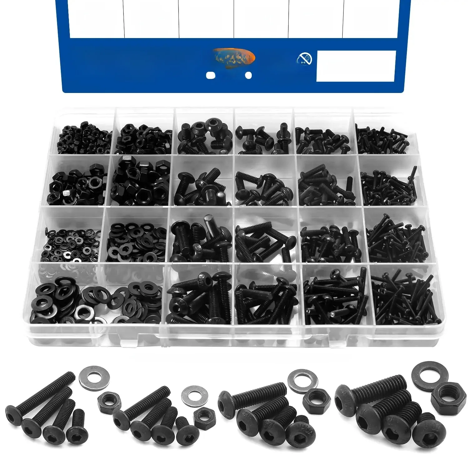 1060 stks M2 M3 M4 M5 Hex Socket Schroef Set Koolstofstaal Platte Ronde Kop Schroeven Bouten en Moeren Assortiment Kit met Opbergdoos - afbeelding 2