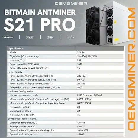 ビットメインアントマイナー-asicbitminer,s21 pro,234t,3510w,15j/t,btc,暗号マイナー,電源コード付き,o.a,3個購入すると2個無料,新品