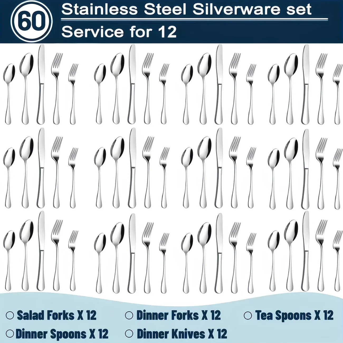 60/20 piezas, juego de cubiertos de acero inoxidable, utensilios de cocina, cuchillos, tenedores y cucharas, apto para lavavajillas, a prueba de herrumbre y no tóxicos