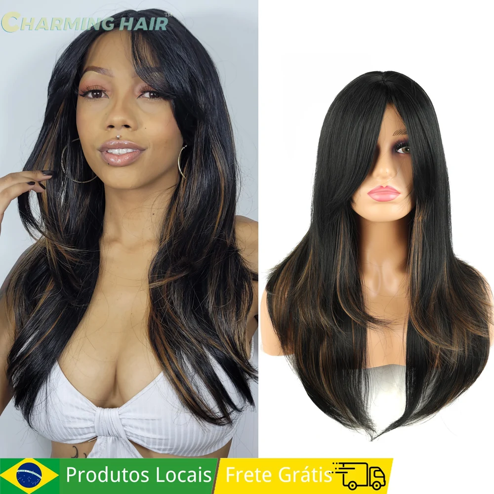 Peruca Cabelo Fibra Orgânica Premium Feminina Natural Cabelo Liso Corte em Camadas Full Machine Made 55cm 245g 