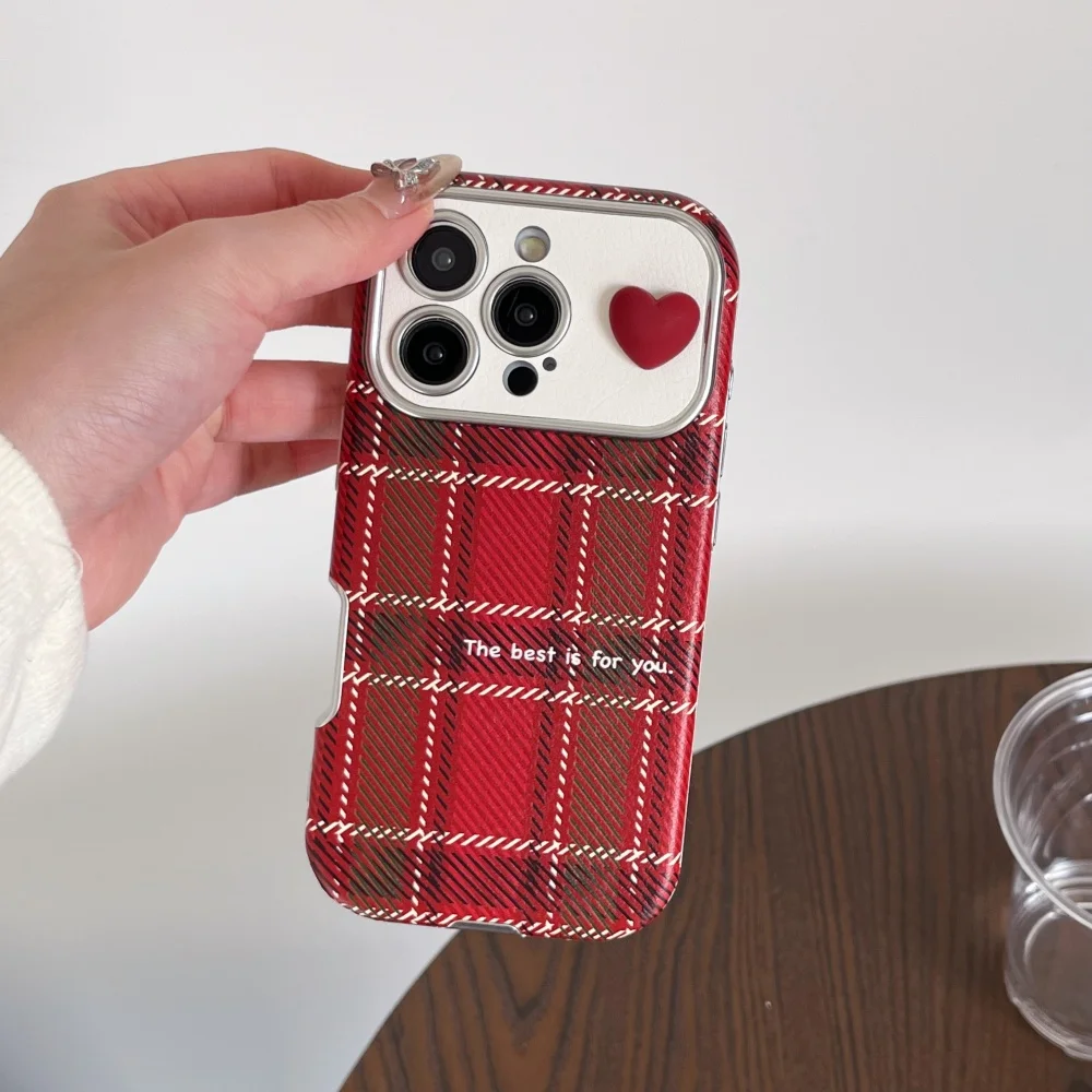

Ankara red plaid three-dimensional love phone case, suitable for iPhone13/14/15/16/17 Pro Max, new shock-proof protective case