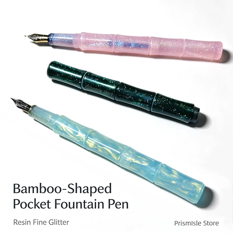 Bamboo-Style Acrylic Pocket Fountain Pen with Fine Shimmer Bent Nib Lightweight Smooth Writing Business Office Supplies Gift.
