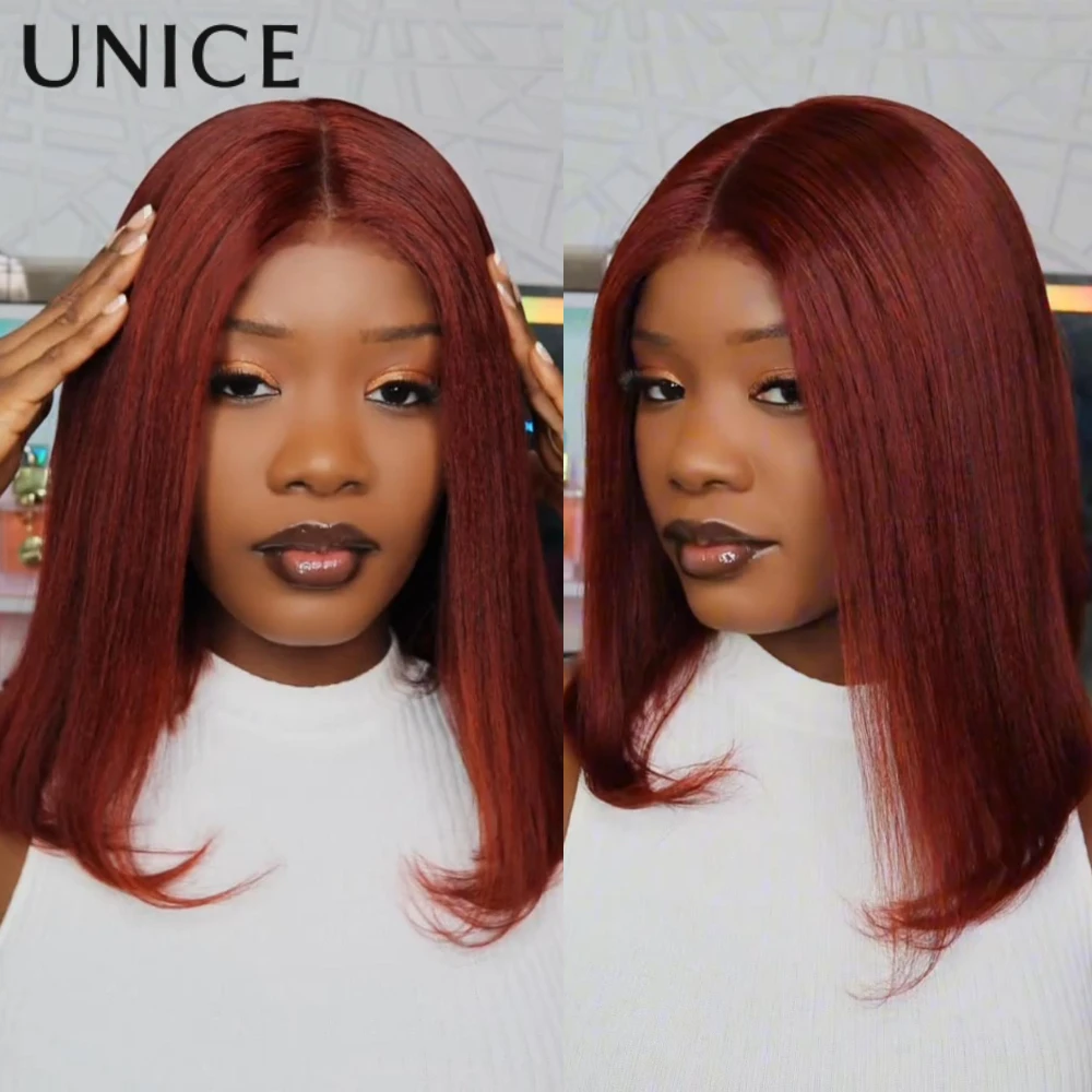 

UNice Pre Cut Pre Bleached 7x5 Lace Reddish Brown Yaki Straight Bob Wig Human Hair Glueless Wig Ready To Wear 150% Density
