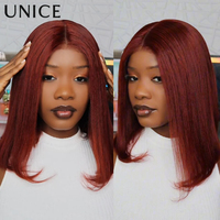 UNICE Hair Reddish Brown 7x5 Yaki Straight Bob Wig Human Hair Pre Cut Pre Bleached Glueless Wig 150% Density