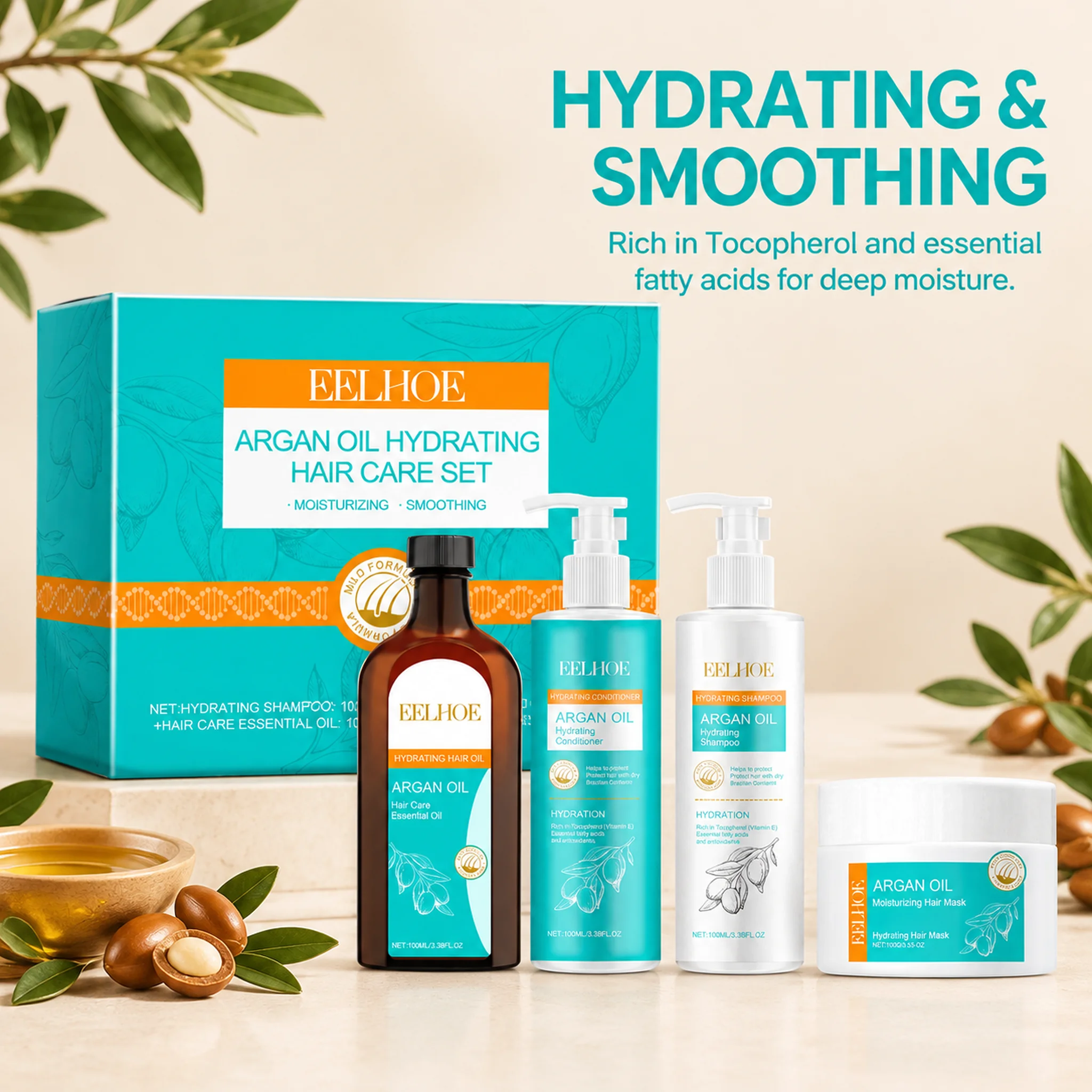EELHOE Argan Oil Hair Care Oil Set Hydrating Moisturizing Deeply Strengthen Fiber Keep Smooth Shiny Essence Shampoo Conditioner Set