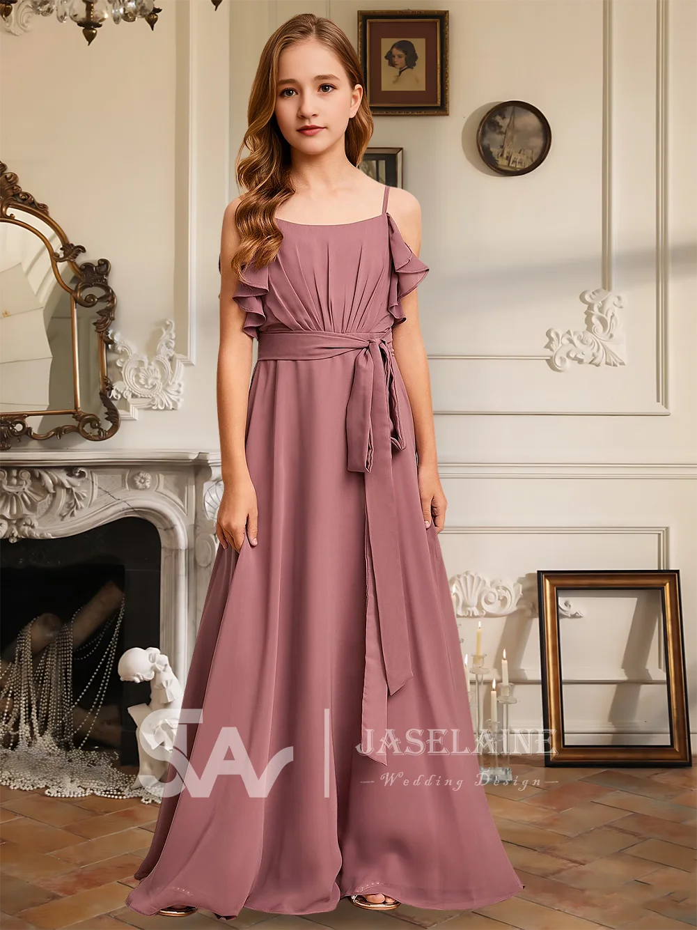 JJJ Kids A Line Square Floor Length Chiffon Junior Bridesmaid Dress Wedding Party Flower Girl Dress Girls Formal Occasion Wear