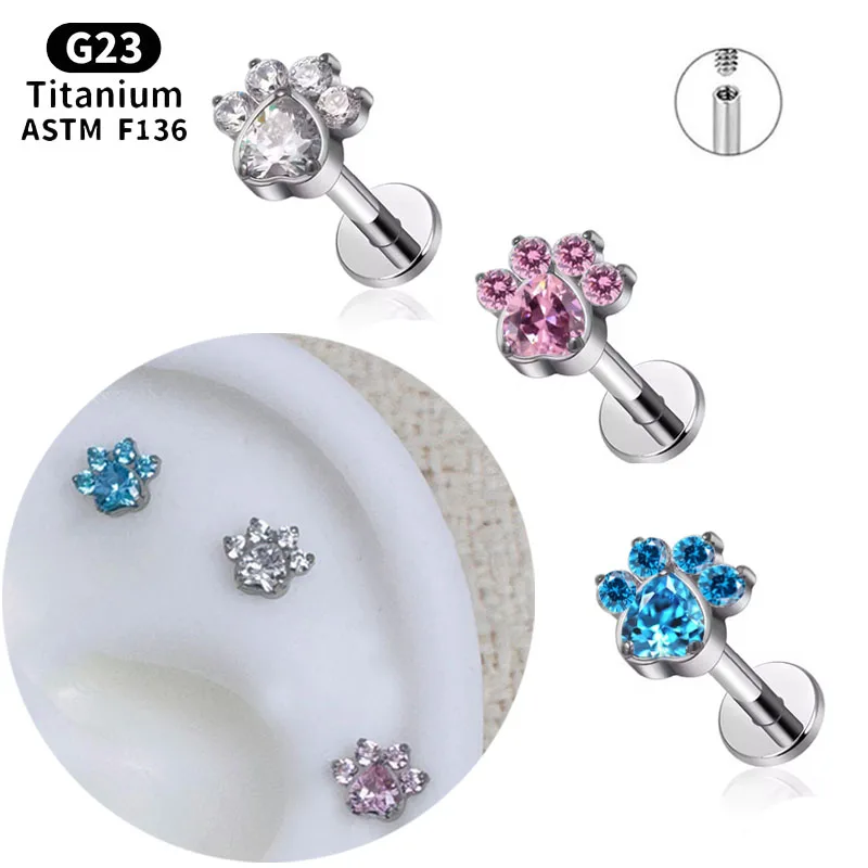 NORYAN ASTM F136 Titanium Heart Zircon Cat Paw Internal Thread Ear Helix Conch Cartilage Tragus Flat Back Piercing Body jewelry