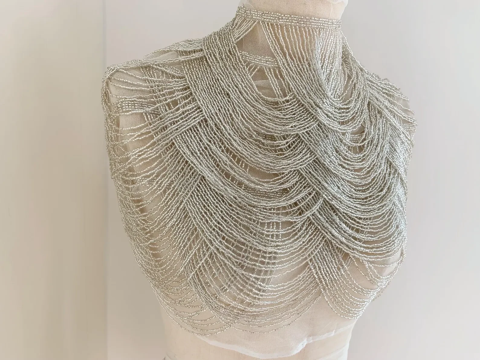 Silver Chains Cape Fabric, Beading Body Jewelry , Bead Fringe Bodice Appliqué For Couture, Dress, Dance Costume, Prom Dress